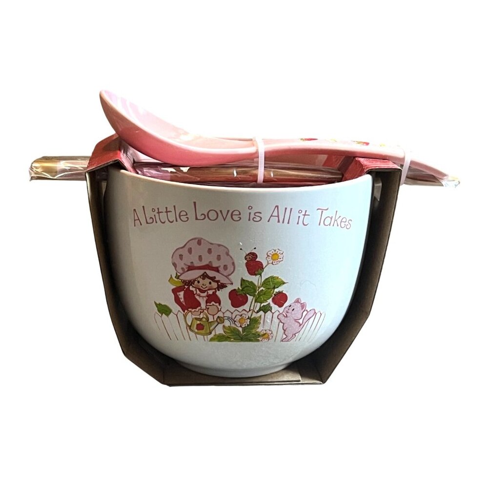 Strawberry Shortcake Ceramic Bowl Set With Spoon & Chopsticks 20 Oz Cute Design